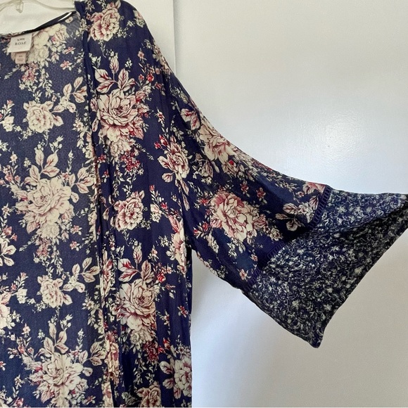 Dark Blue Floral Print Coverup, Loose Cardigan, Open Front Kimono size large - Picture 3 of 11